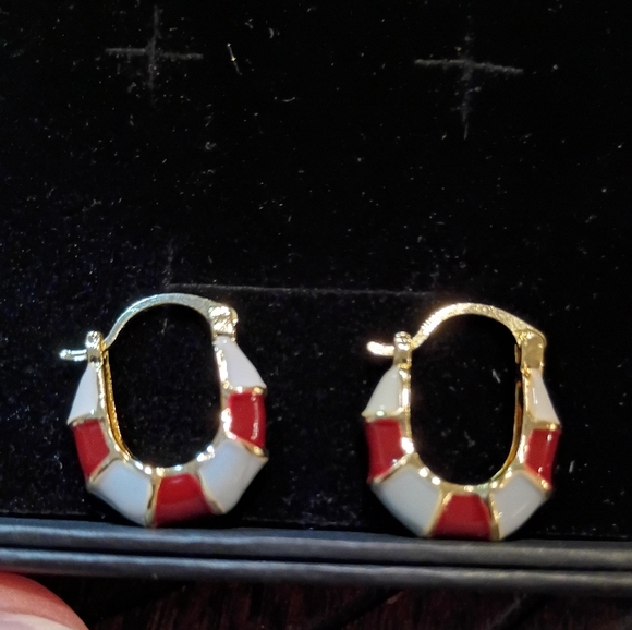New Gold Tone, Red, and Gray Hoop Earrings - Picture 2 of 6